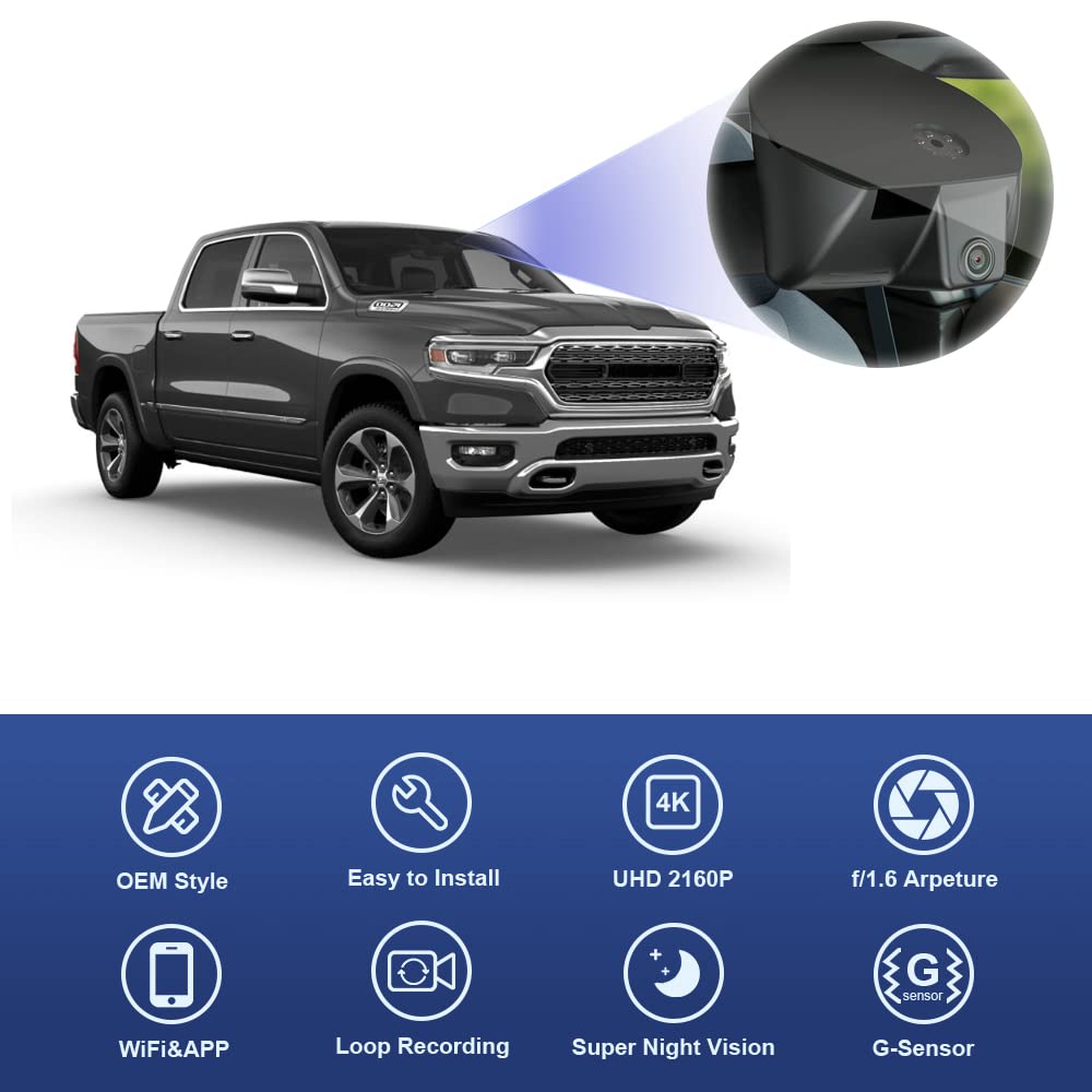 Fitcamx 4K Dash Cam Suitable For Ram 1500 Trx Classic (Model A) 2019 2020 2021 2022 2023 2024 Rebel Big Horn Laramie, Oem Look,