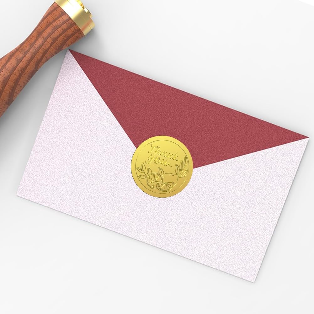 Peacoblue Gold Foil Stickers Seals Embossed 2 Inch 100Pcs Thank You witn Lemon Pattern, Self Adhesive Gold Around Embossing Sticker for Thanks Gift Card Envelope Seal Present Invitation Decoration