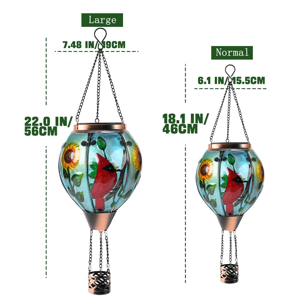 Hot Air Balloon Solar Lantern - Large Cardinal Bird Glass Lantern  Simulated Flickering & Dancing Flame  Big Outdoor Hanging Sunflower Yard Light Waterproof Ip65 For Patio Lawn Porch Decor Gift