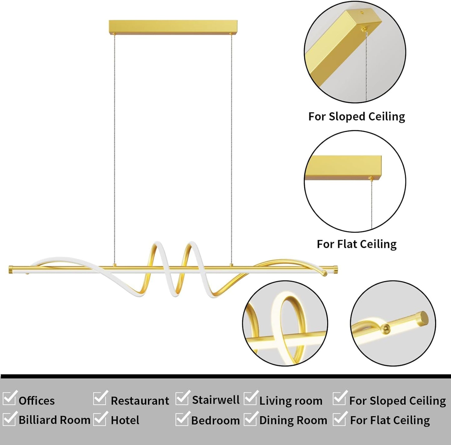 Zihoi LED Pendant Light, Dimmable with Remote, 3000K-6000K, 47in, Gold, Aluminum Chandelier for Kitchen and Dining Room