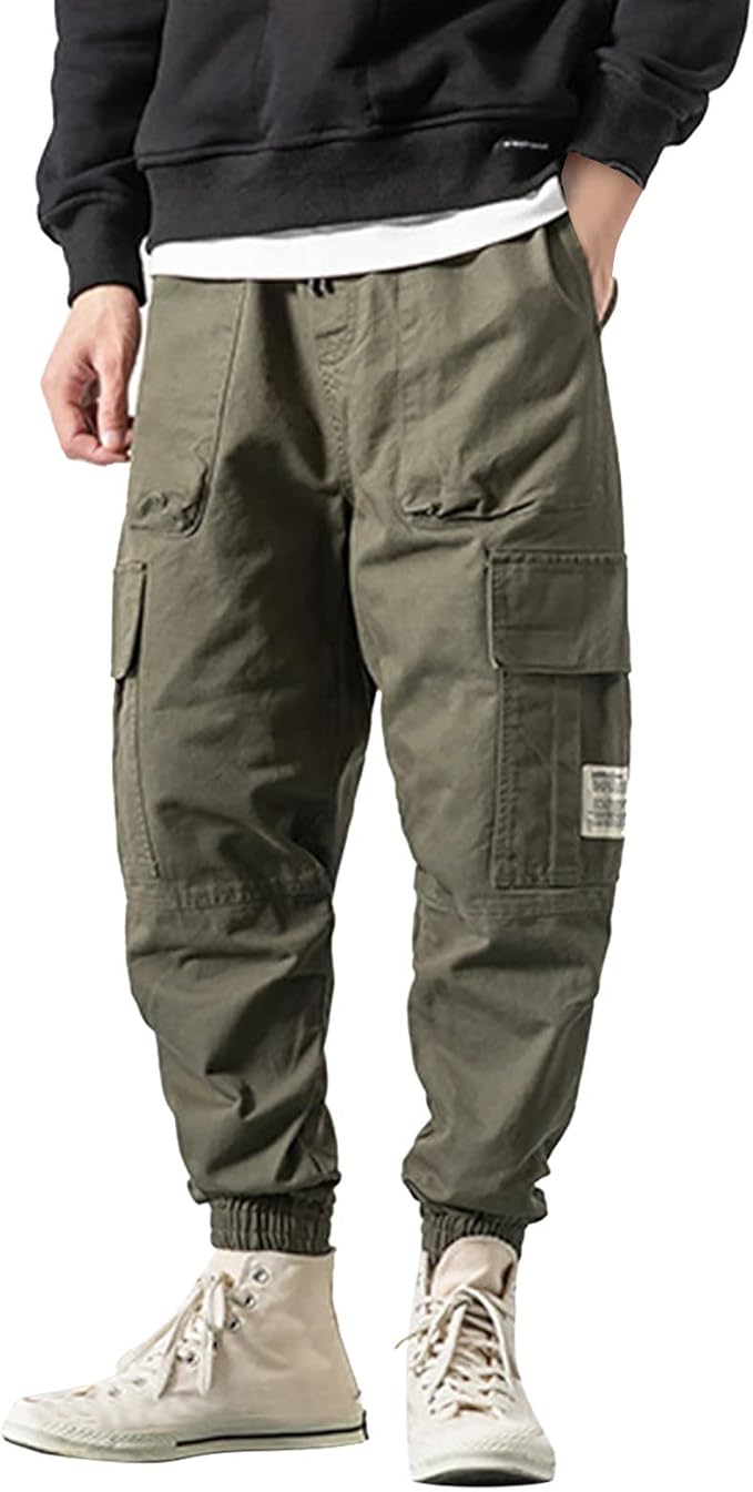 Men's Relaxed Fit Cargo Pants Joggers Sports Outdoor Lightweight Cotton Pants Trendy Drawstring Elastic Waist Baggy Trousers