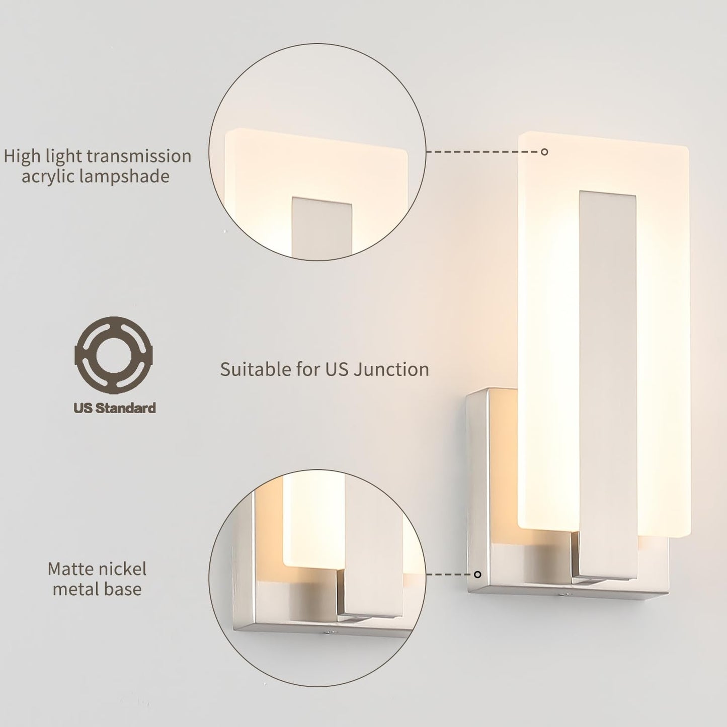 Joosenhouse Led Wall Sconce Set Of 2  Hardwired Dimmable Wall Mounted Lights  Indoor Wall Lights For Hallway  Bedroom  Study  Living Room  9.76 Inch Brushed Nickel Wall Sconce Lighting
