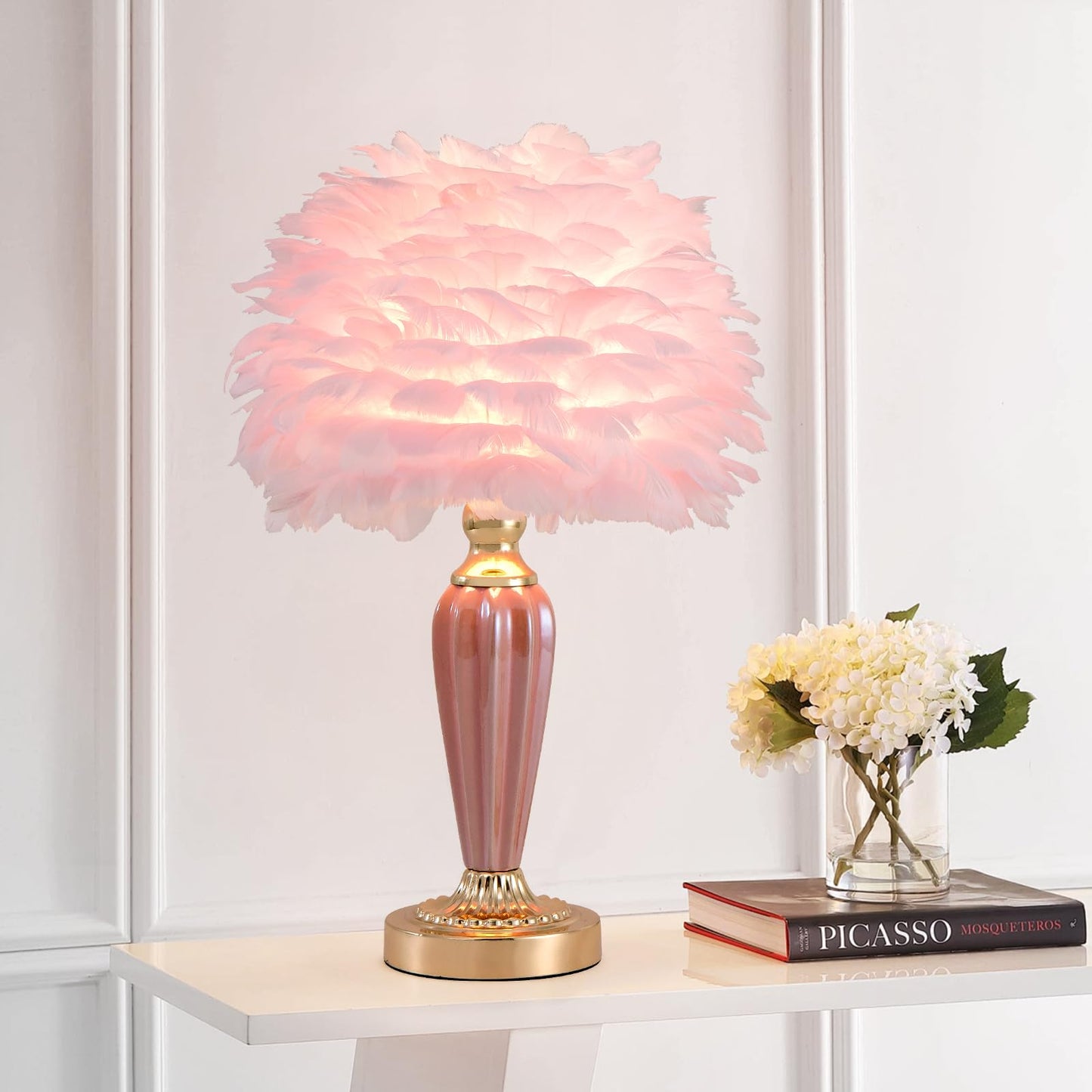 Zyleisenbao Pink Feather Lamp Creative Bedside Lamp Feather Table Lamp Cute Furry Goose Nightstand Light For Girl Bedroom Wedding Decor Living Room Hotel Office Valentines Dating Gift