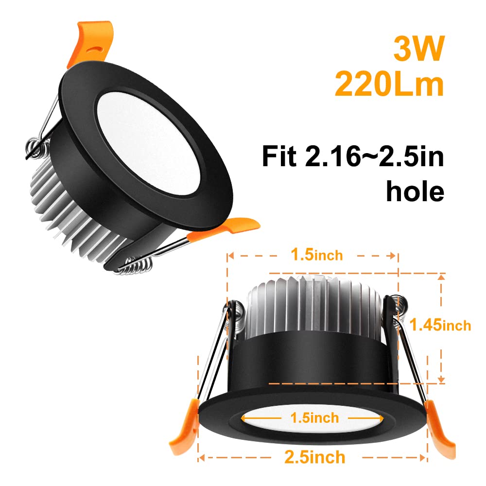 Ledlightsworld 2 Inch Dimmable Led Recessed Downlight, 3W (35W Equivalent), 3000K Warm White, Black, Aluminum, Model Btd-Ww