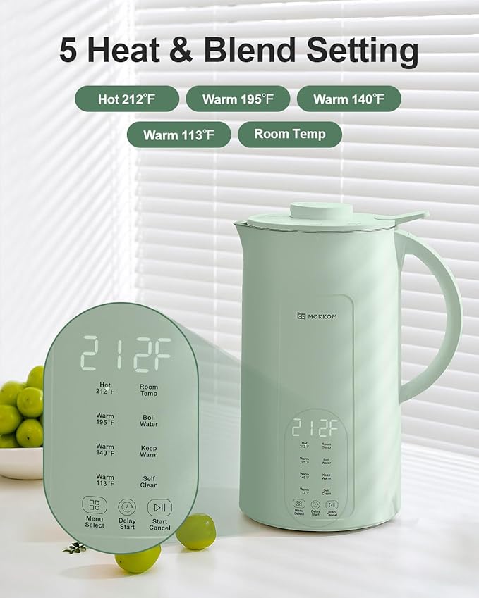 MOKKOM 9 in 1 Nut Milk Maker, 42oz Automatic Almond Milk Machine for Homemade Plant-Based Milk, Oats, Soy, Dairy Free Beverages, Soy Milk Maker with Delay Start/Keep Warm/Self-Cleaning/Boiling, Green