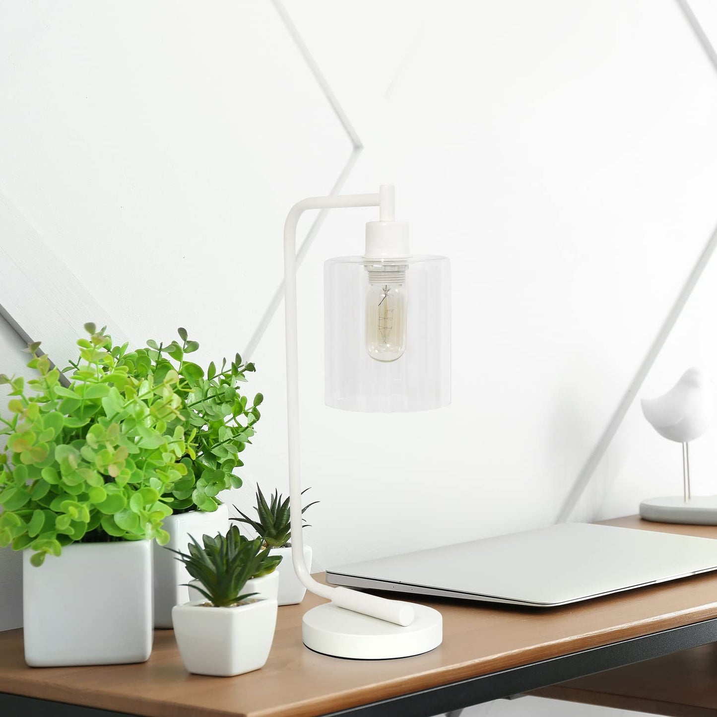 LALIA HOME Modern Iron Desk Lamp, Glass Shade, 9 x 5.75 x 19 inches, White, Model LHD-2003-WH