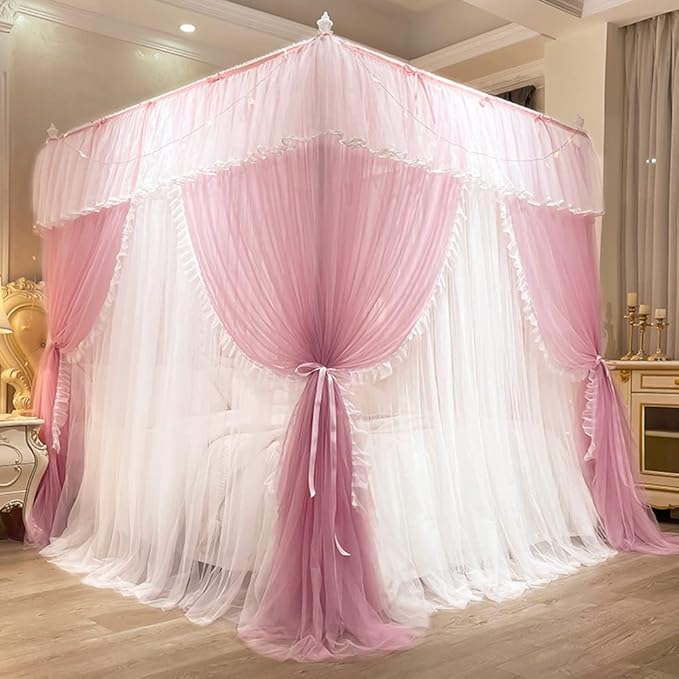 Mengersi Canopy Bed Curtains with Lights,4 Corner Bed Canopy Royal Luxurious Bed Drapes Netting,Princess Bed Curtains for Girls Adults Bedroom Decoration (Pink, Full)