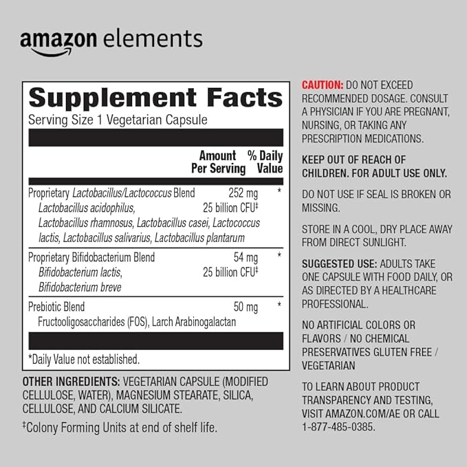 Amazon Elements One Daily Women's Probiotic, Support Urinary Tract and Vaginal Health, 50 Billion CFU (7 strains), Lactobaccilus and Bifidobacteria blend, 30 Capsules
