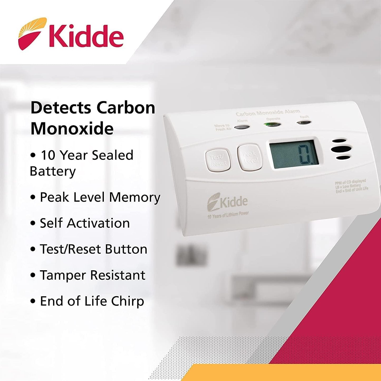 Kidde Carbon Monoxide Detector with 10-Year Battery, Digital Display, 3 LEDs, Replacement Indicator, Peak Level Memory, 2 Pack
