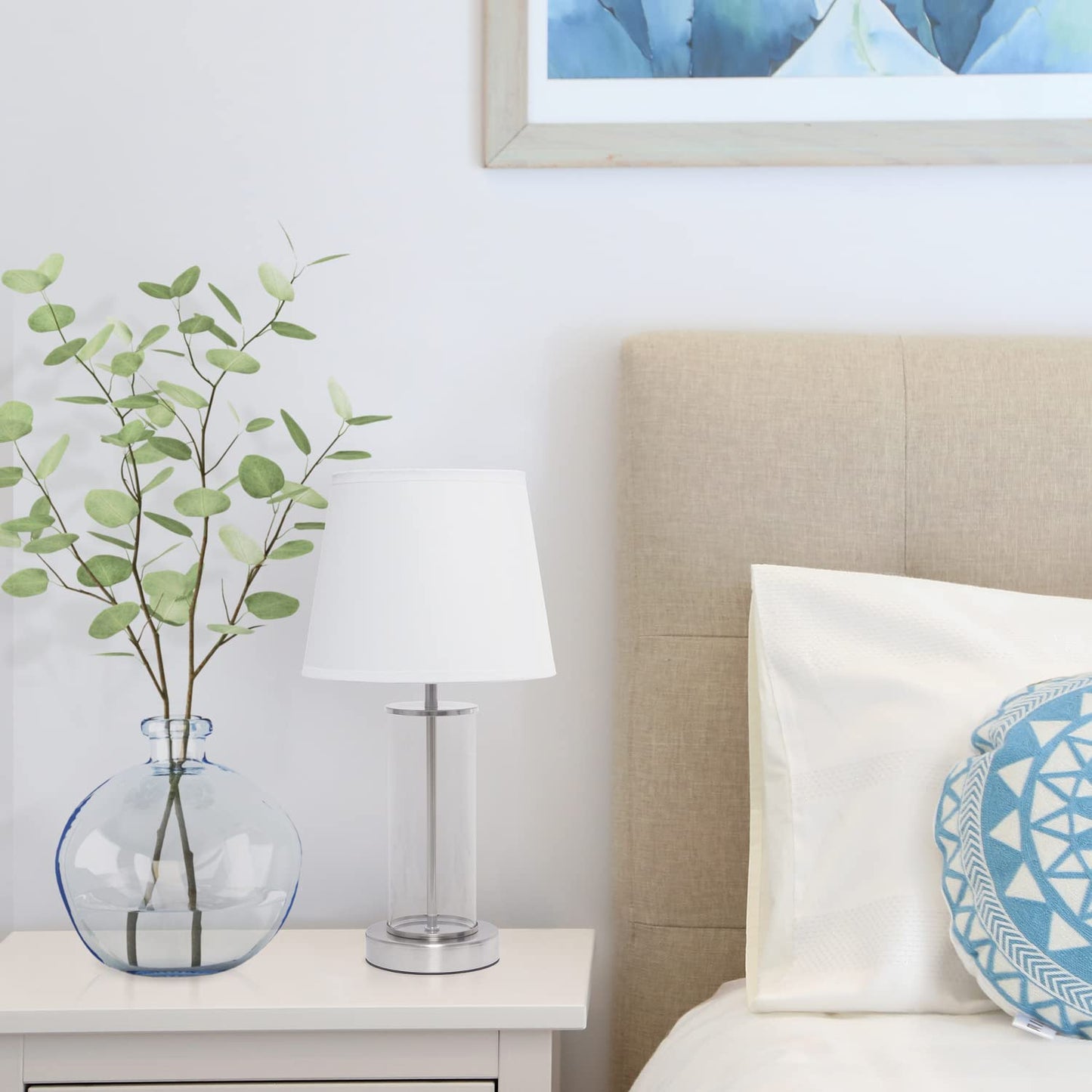 Simple Designs LT2081-BSW Small Bedside Table Lamp, Brushed Nickel, Glass, 8.66inL x 8.66inW x 16.93inH, White Shade