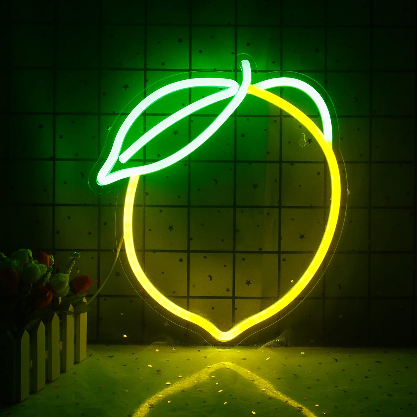 Wanxing Lemon Neon Sign - Led Fruit Shape Light For Bar, Kids Room, Wedding, 12.6X11, Yellow & Green, Model Ns-Wx-Lemon