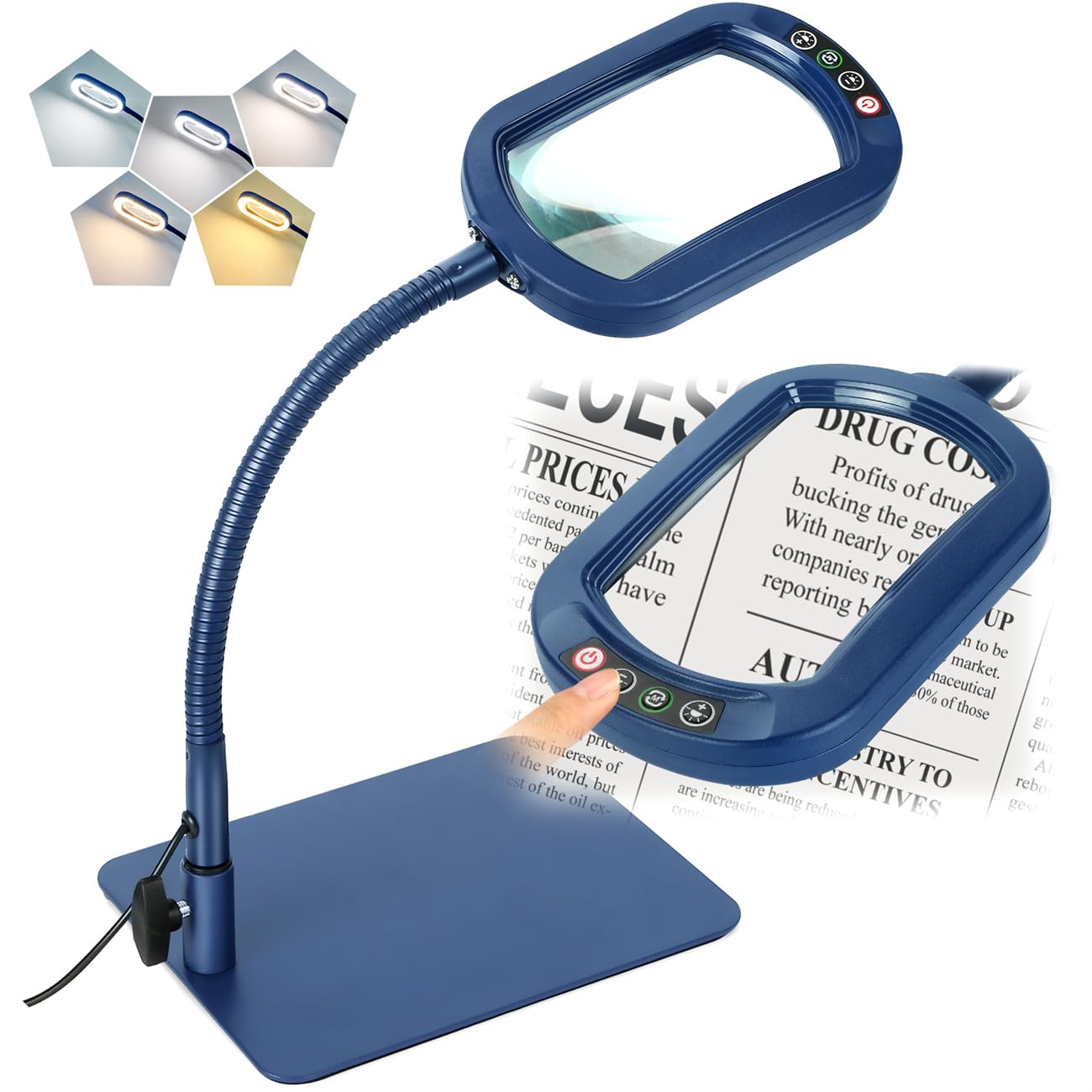 Veemagni 10X Rectangle Magnifying Glass with Light, Metal, Blue, Model GE602, Flexible Gooseneck LED Desk Lamp, 5 Color Modes