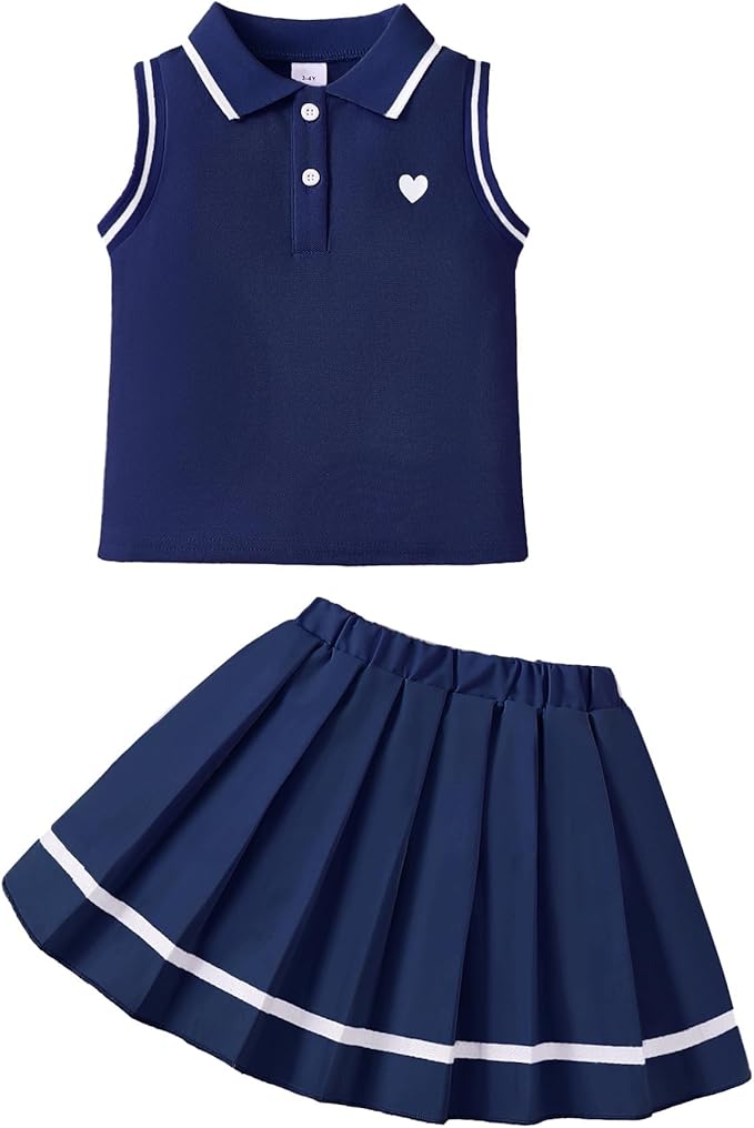 Kucnuzki Little Girls Clothes Toddler Outfit Polo Sleeveless Shirt Spring Tank Tops Pleated Skirt 2 Piece Set Clothing