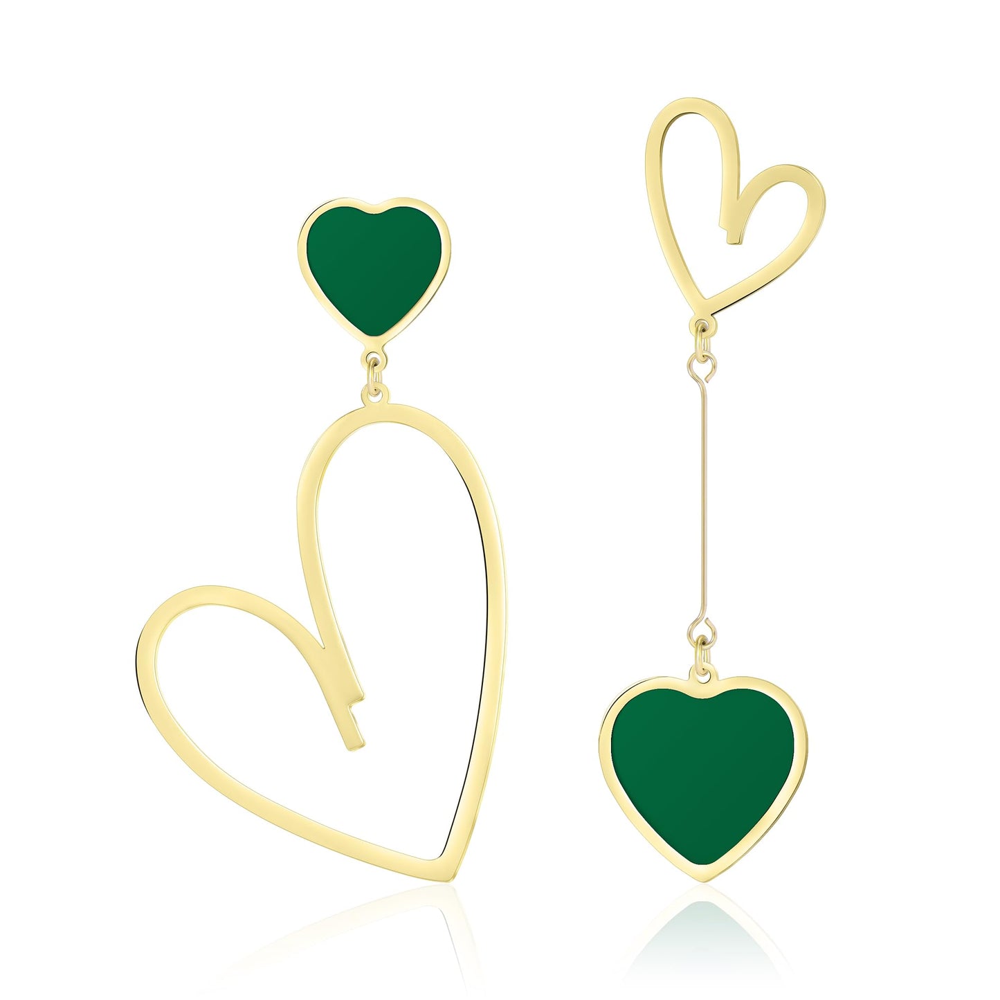 Linawe Gold Heart Earrings for Women Trendy, Emerald Green Dangle Drop Earrings, Titanium Stainless Steel Hypoallergenic Asymmet