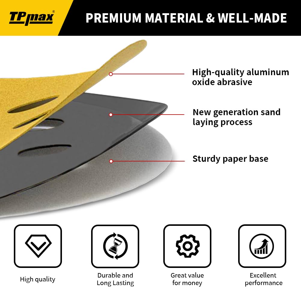 100PCS 5 Inch 100 Grit 125mm 8 Hole Sanding Discs Sandpaper - Premium Gold Round Hook and Loop for Random Orbital Sander - Ideal for Wood, Metal, Automotive