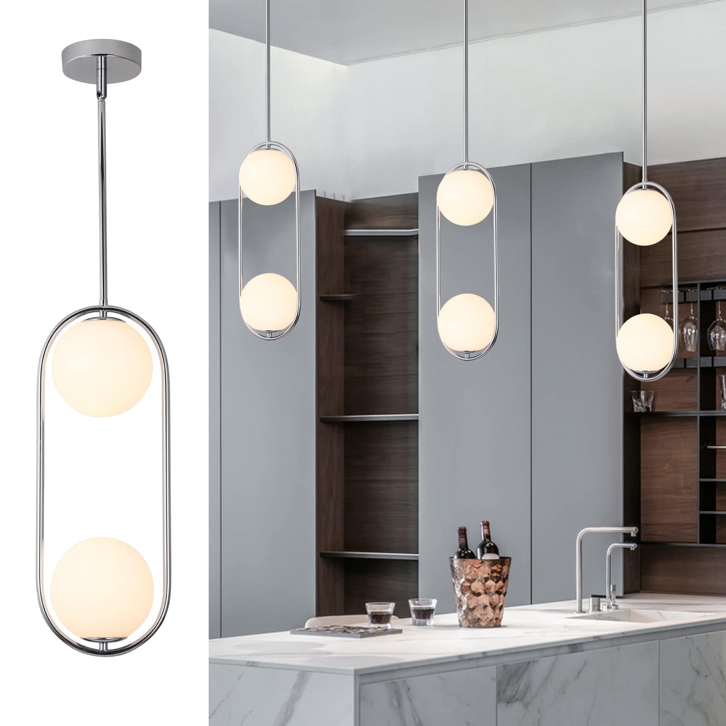 SeeU Chrome Pendant Light Fixture - Mid Century Design with White Globe Glass Shade, 2 Lights for Kitchen Island, Dining Room, Bedroom