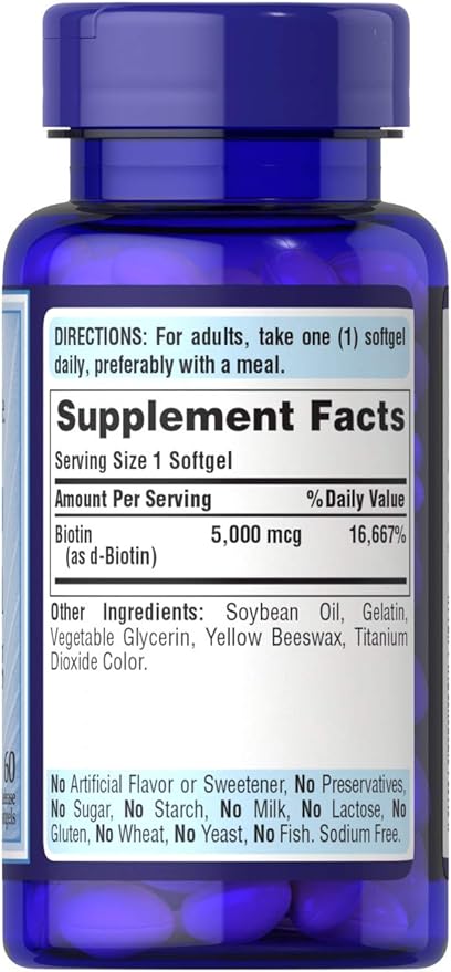 Puritans Pride Biotin 5,000 mcg 60 Softgels Skin Hair Nails