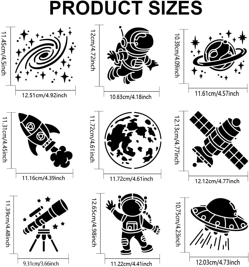 MAYJOYDIY 9pcs Space Astronaut Stencil 6×6inch Space Theme Stencils with Paint Brush Reusable Planet Rocket Telescope Spacecraft Galaxy Drawing Template for Craft Furniture Fabric Wall
