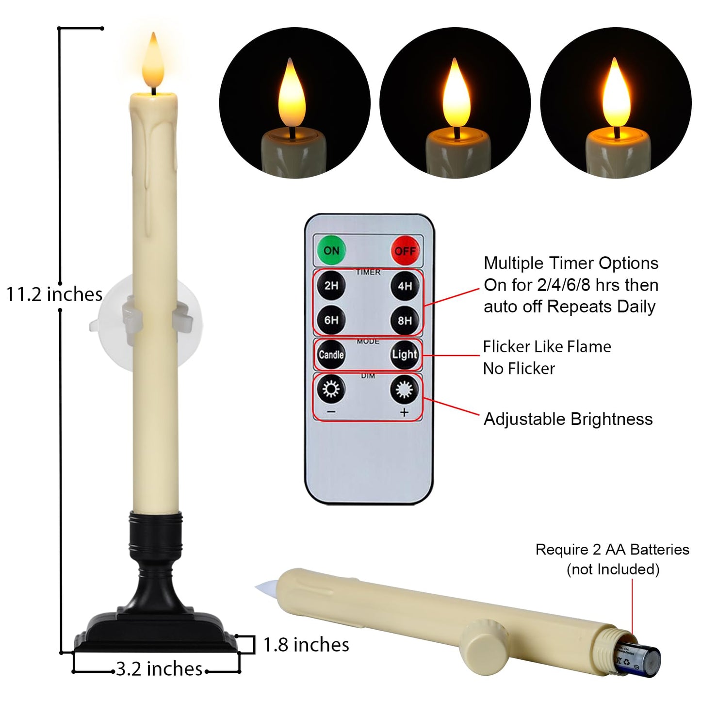 Homemory 6 Pcs Window Candles with Remote Timer Dimmer, Christmas Candles for Window Battery Operated, Ivory Flameless Taper Candle with Holders and Suctions, LED Candlesticks for Xmas Holiday Decor