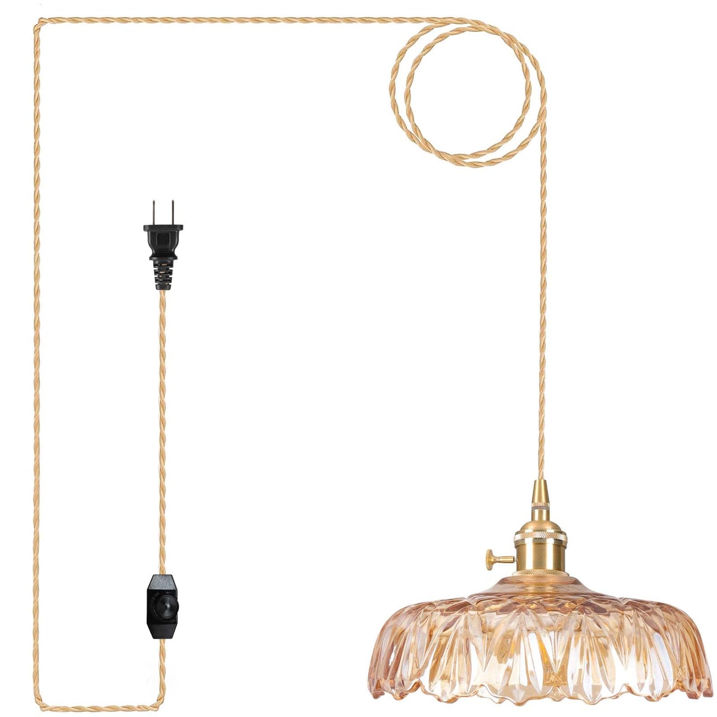 Loiogohot Plug In Pendant Light Fixtures Amber Glass Lampshade Pendant Lighting 9.4In E26 Hanging Light Fixturecorded On/Off Switch For Kitchen Island  Bedroom  Dining Room