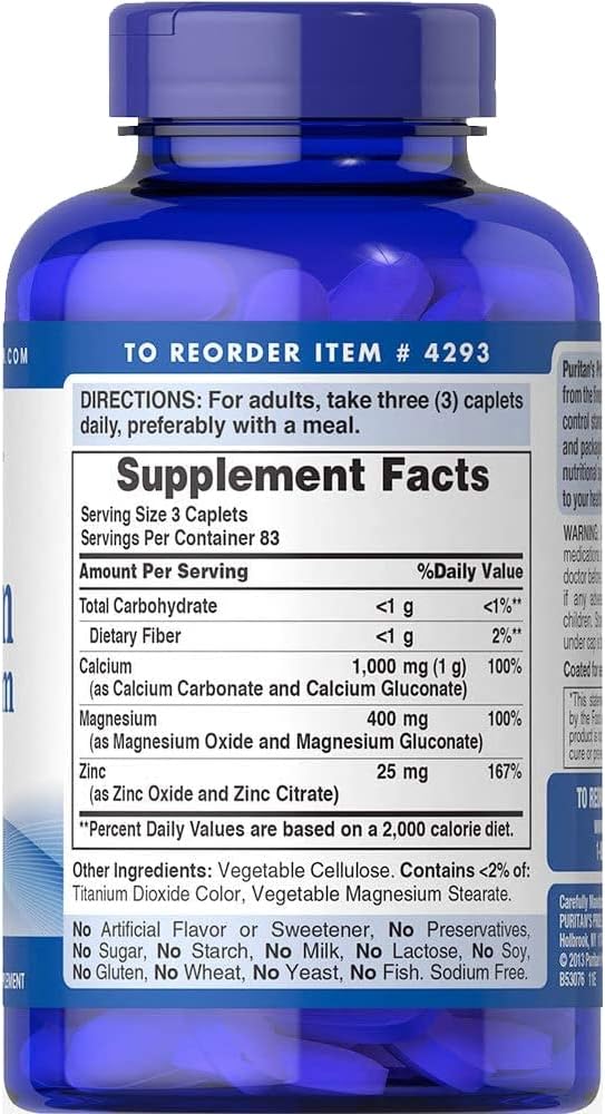 Puritan's Pride Premium Chelated Calcium Magnesium Zinc with Bone-Active™, Dietary Supplement for Bone Health, Bone Density, and Immune Function Support, 250 Coated Tablets