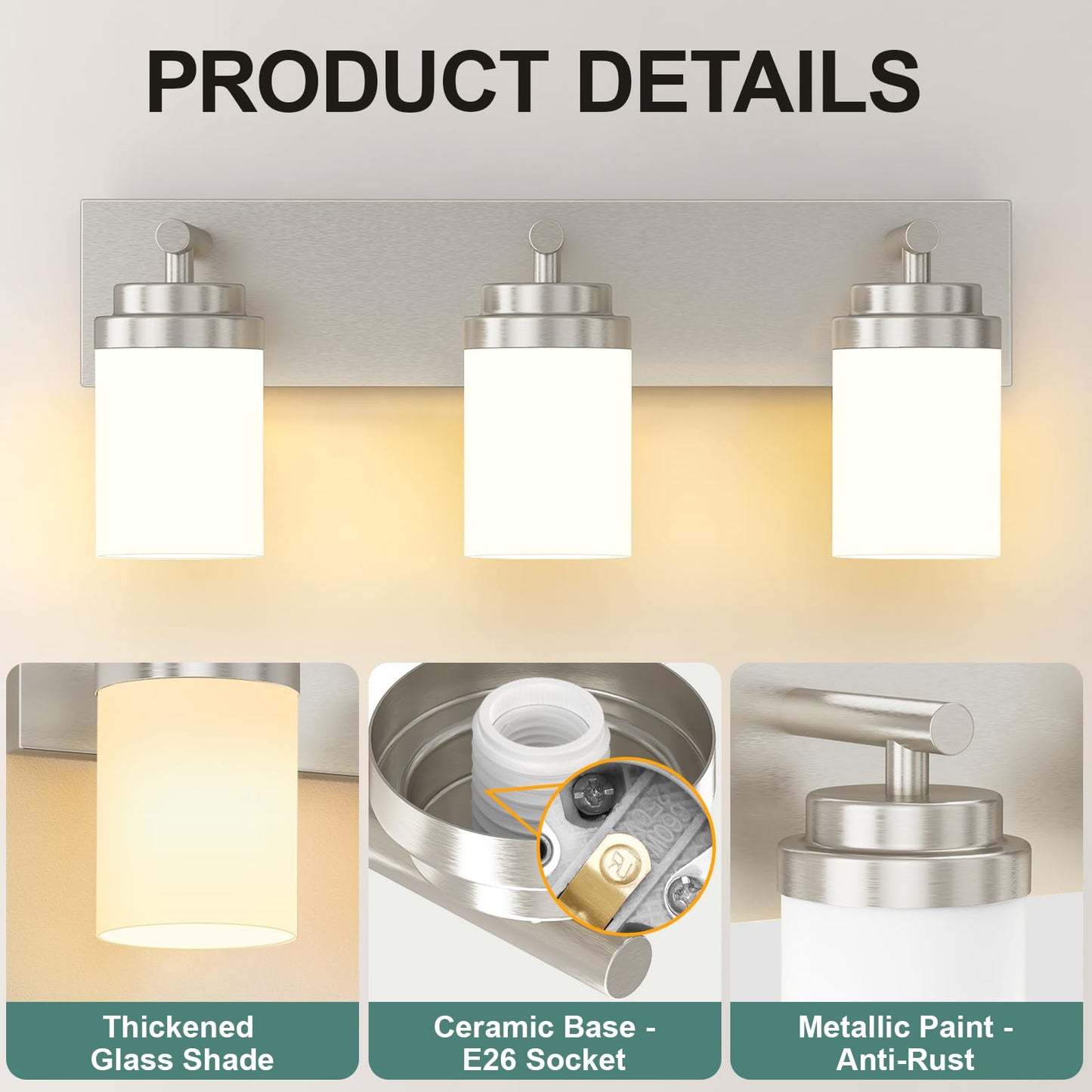 Izorro Bathroom Vanity Light Fixture  3-Light 22 Inch Brushed Nickel Bathroom Light Fixtures Over Mirror  With White Glass Shade  Modern Farmhouse Vanity Lights  Rustic Restroom Lighting Fixtures
