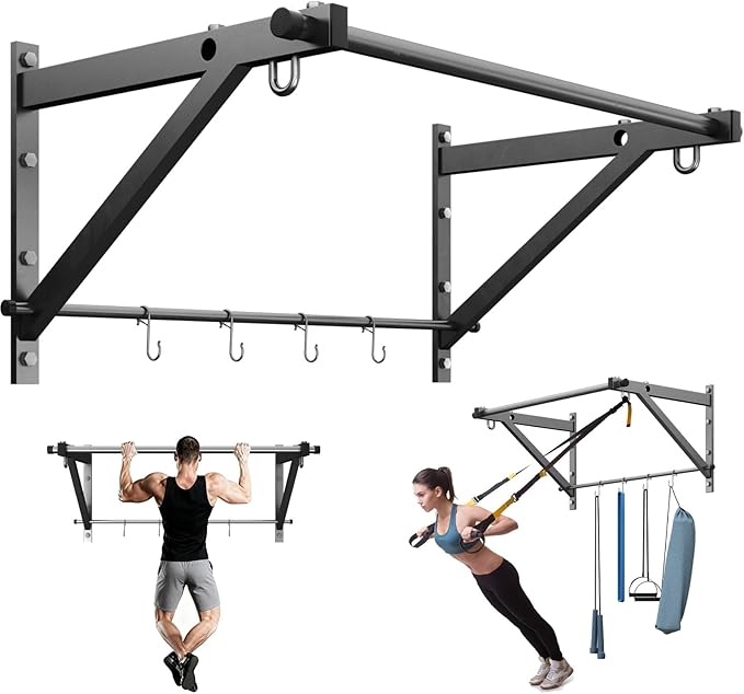 ZHNSYDN Wall Mounted Pull Up Bar, Strength Training Chin Up Bar with Hooks, Adjustable Depth Pull-up Bar with 500LBS Weigh...