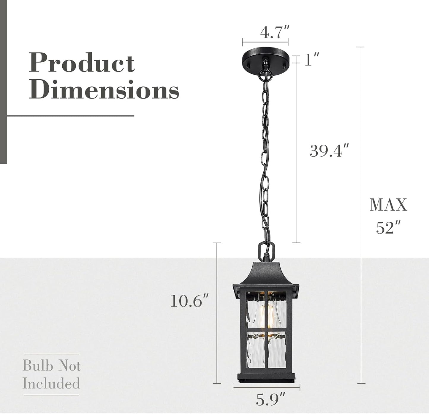 Emliviar Modern Outdoor Hanging Lantern with Dusk to Dawn Sensor, 10.6 Inch Pendant Lighting Fixture for Porch in Black Finish, Water Ripple Glass, YXE306H-PC BK-SW