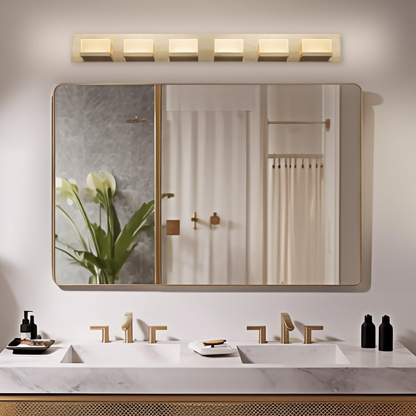 Kira Home 48in Modern 6-Light Bathroom Vanity Light, Cool Brass Finish, Metal, RV-WB9266-CB, 3000k Warm White Light