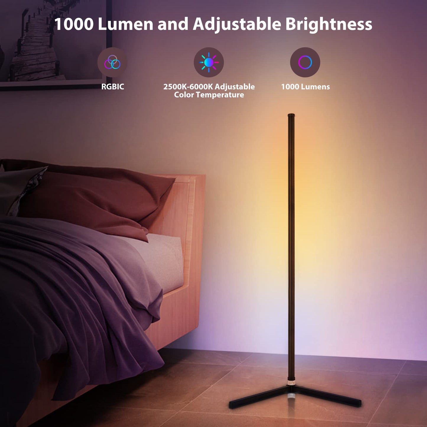 WISIMMALL RGB Corner Floor Lamp, 64.5in Bluetooth APP & Remote Control, 398 Dimmable Modes, Aluminum, 2PCS