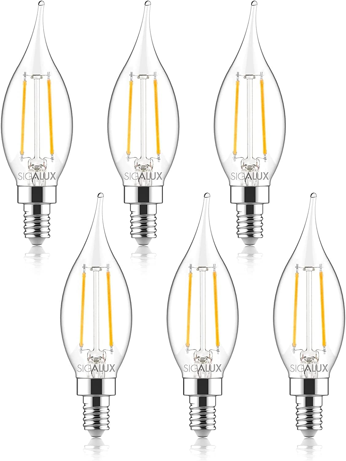 Sigalux E12 Led Candelabra Bulbs, Dimmable 4.5W 500Lm, 5000K Daylight, Ca10, 6 Pack, Glass