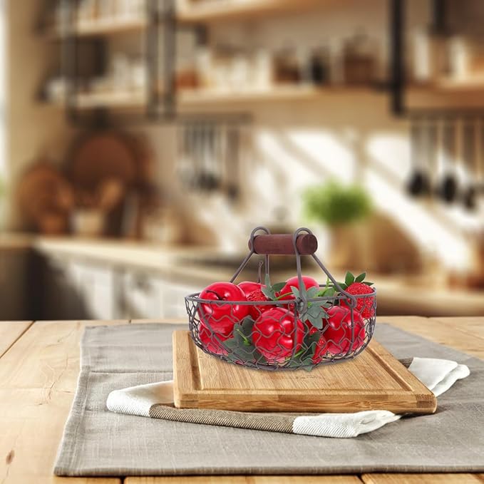 Chicken Wire egg Basket for Gathering: Farmhouse Vintage Style Fresh Eggs Holder With Handle - 7X4.7X4.7in Countertop Storage Container for Collecting Fruit Bread Potato