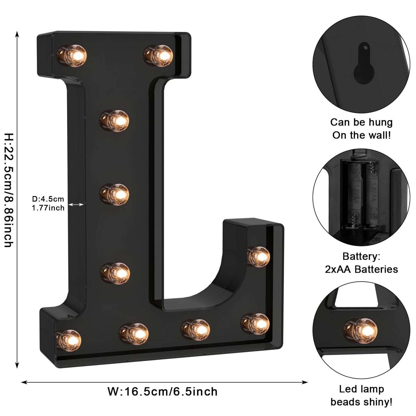 Foaky Black LED Letter Lights - Battery Operated Wall Decor for Bedroom, Home, Wedding, Party - Model Black-25, Size L