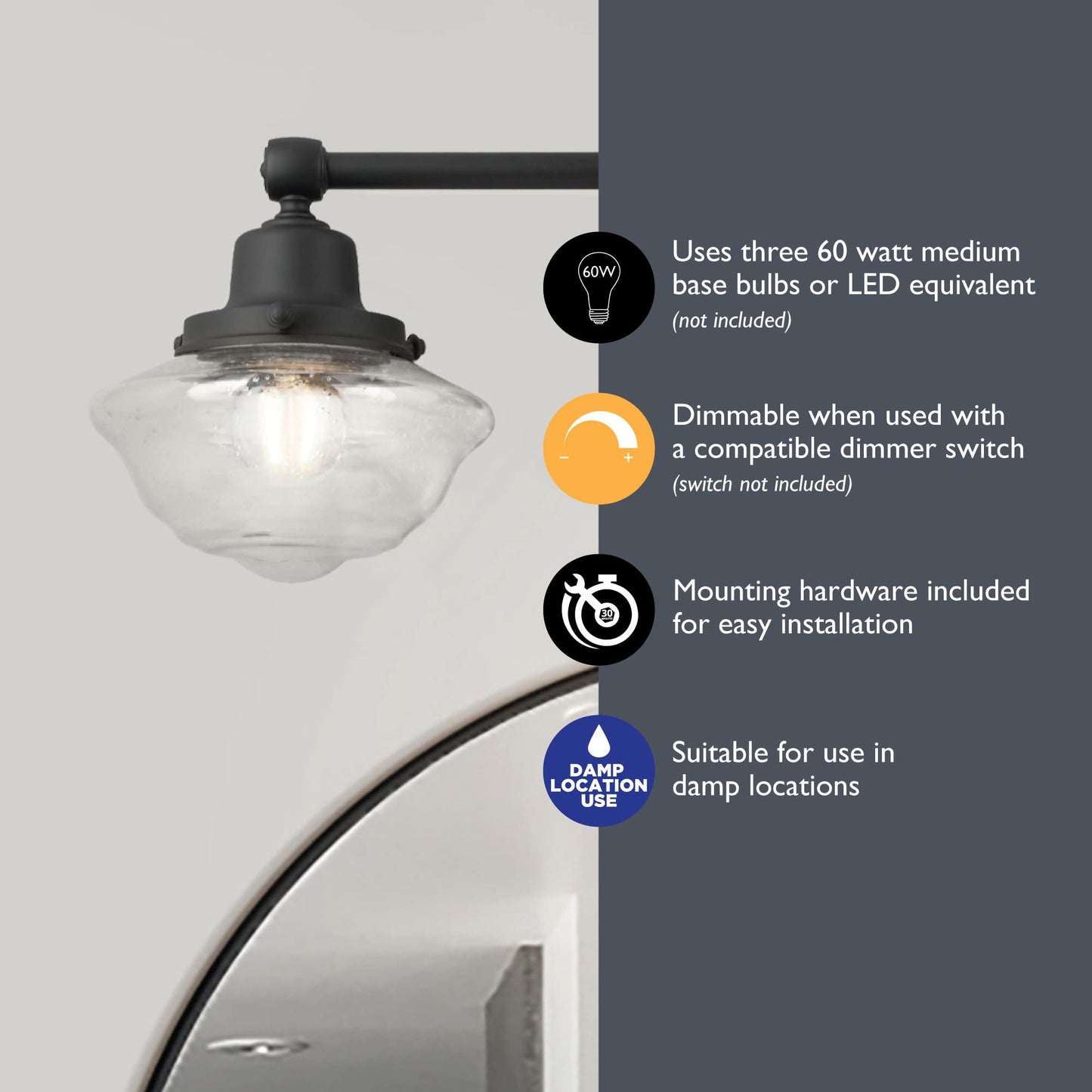 Design House 3-Light Dimmable Vanity Light, Matte Black, Clear Seeded Glass Shades, 23.125 in x 7.625 in x 9.5 in, Model 589