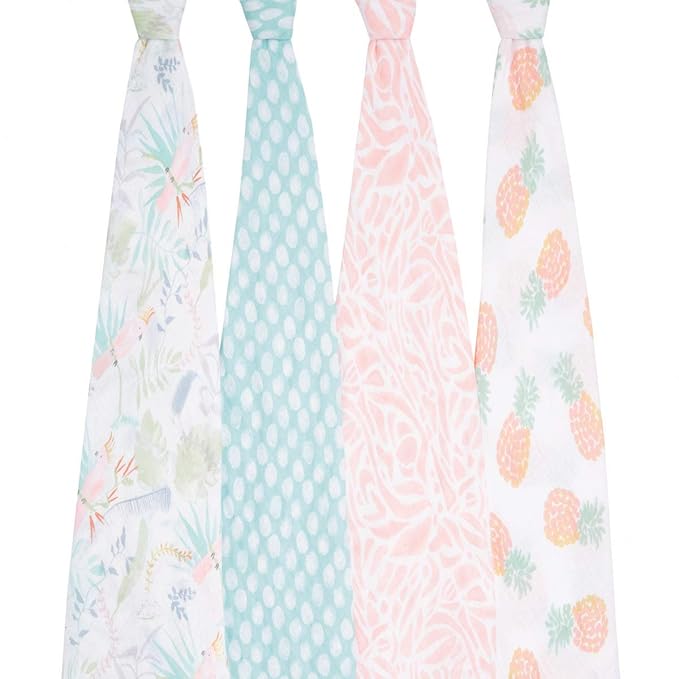 aden + anais Essentials Swaddle Blanket, Boutique Muslin Blankets for Girls & Boys, Baby Receiving Swaddles, Ideal Newborn & Infant Swaddling Set, Perfect Shower Gifts, 4 Pack, Tropicalia