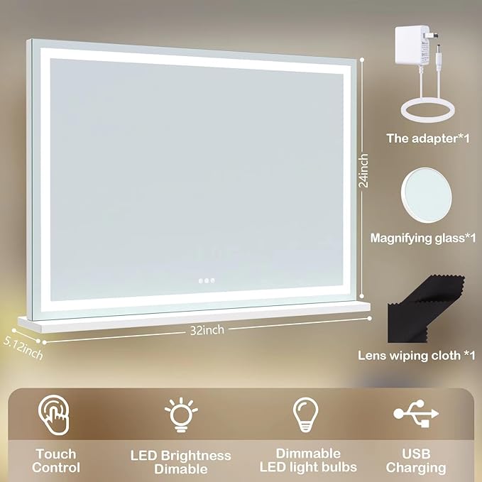 Makeup Vanity Mirror with USB Charging Port 32" x 24" Large LED Makeup Mirror, Desk Mirorr with Lights, Light up Mirror with 10X Magnification and, Dimmable 3 Modes, Touch Screen Control