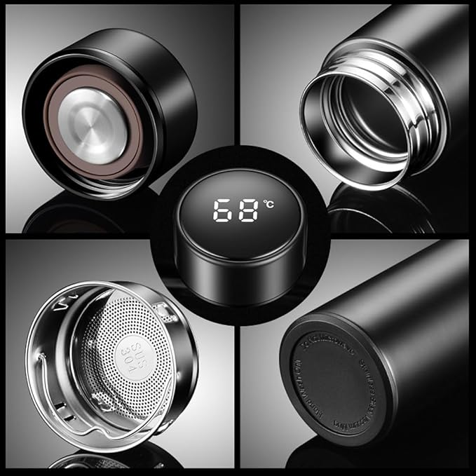 Water Bottle with LED Temperature Display Double Walled Vacuum Insulated Water Bottle Stainless Steel Automotive Travel Bottle BPA-free Leak Proof Keep Cold/Warm For 12H, Black, SMB0001