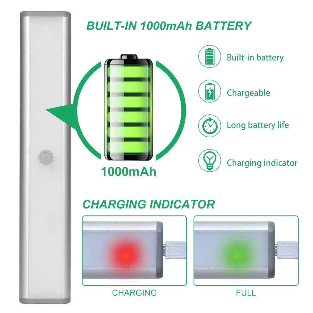 LEPOTEC LED Kitchen Lights, Wireless Motion Sensor, Rechargeable, 10LED, Silver-White Light, Model W10-3, 3-Pack
