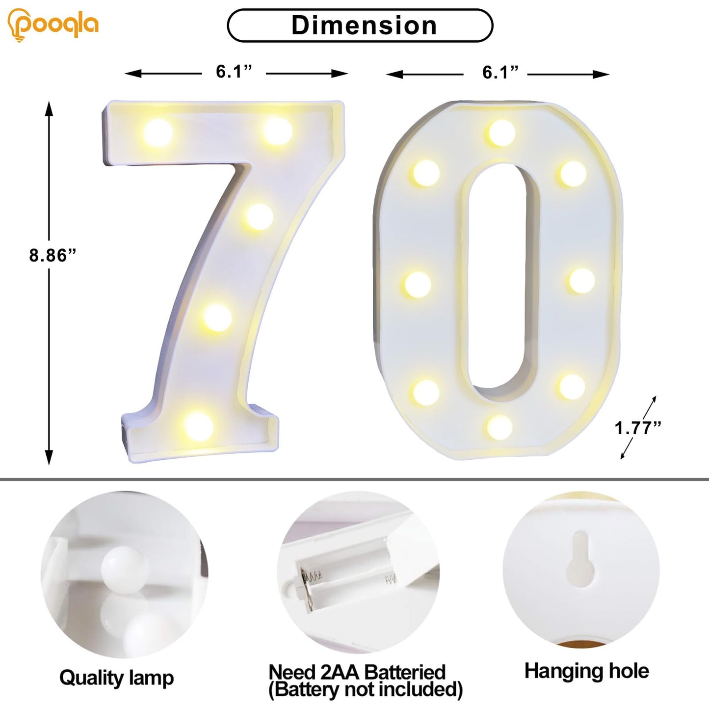 Pooqla LED Number 70 Birthday Decoration, Marquee Sign for Party Backdrop, Cool White & Warm White, Plastic, Model DENC-BP-01