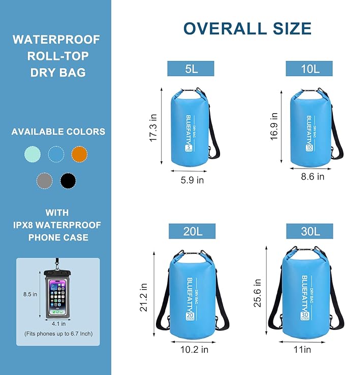 Waterproof Dry Bag Floating Roll Top Waterproof Backpack for Kayaking, Rafting, Boating, SUP, Fishing with IPX8 Waterproof Phone Case, Blue, 30L