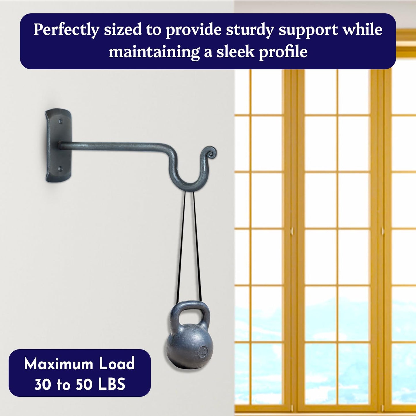 The Metal Magician 2Pc Plant Hangers Outdoor, Indoor, Wrought Iron Metal Hanger Indoor Hook, Heavy Duty Wall Bracket Hooks for Hanging Plants Baskets Lanterns Wind Chimes Black Swinging U-Shape