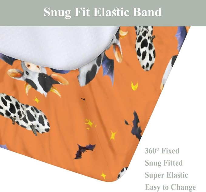 Halloween Cow Bats Pumpkins Baby Changing Pad Covers for Boy Girl Cute Cows Moon Stars Fitted Change Table Pad Covers Mats Spooky Farm Animal Soft Diaper Change Table Cover Sheets 32''×16'' Orange