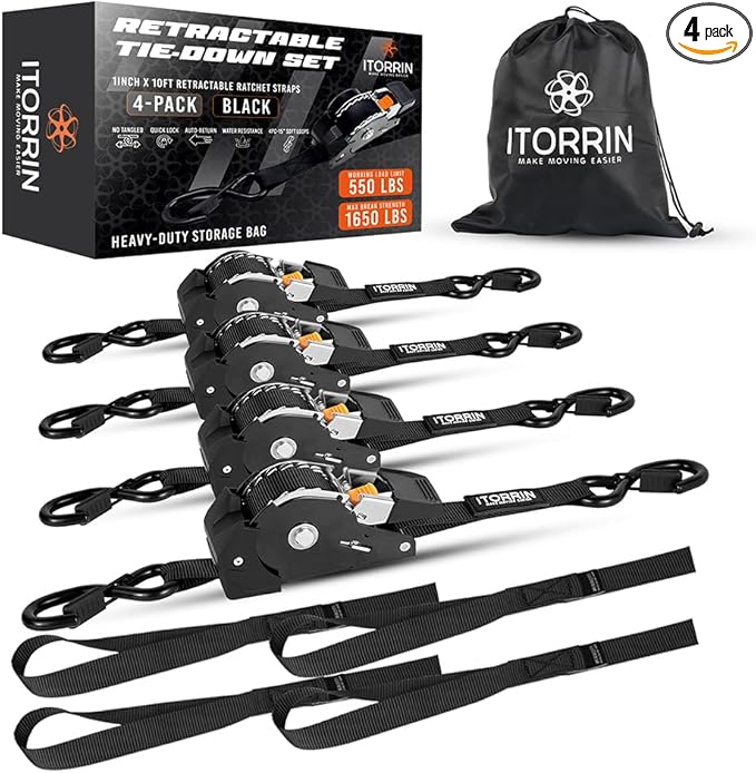 ITORRIN Retractable Ratchet Straps(4 PK)- 1 Inch x 10 Feet (1,650lb Break Strength)-Self Retracting Tie Down Straps for Mo...