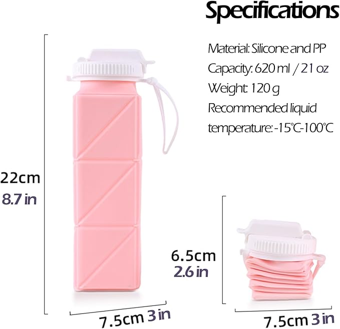 Collapsible Water Bottle, Silicone Foldable Water Bottles For Travel, Easy-To-Carry Design And Compact Size, BPA Free, 20 oz (Pink (cuboid))