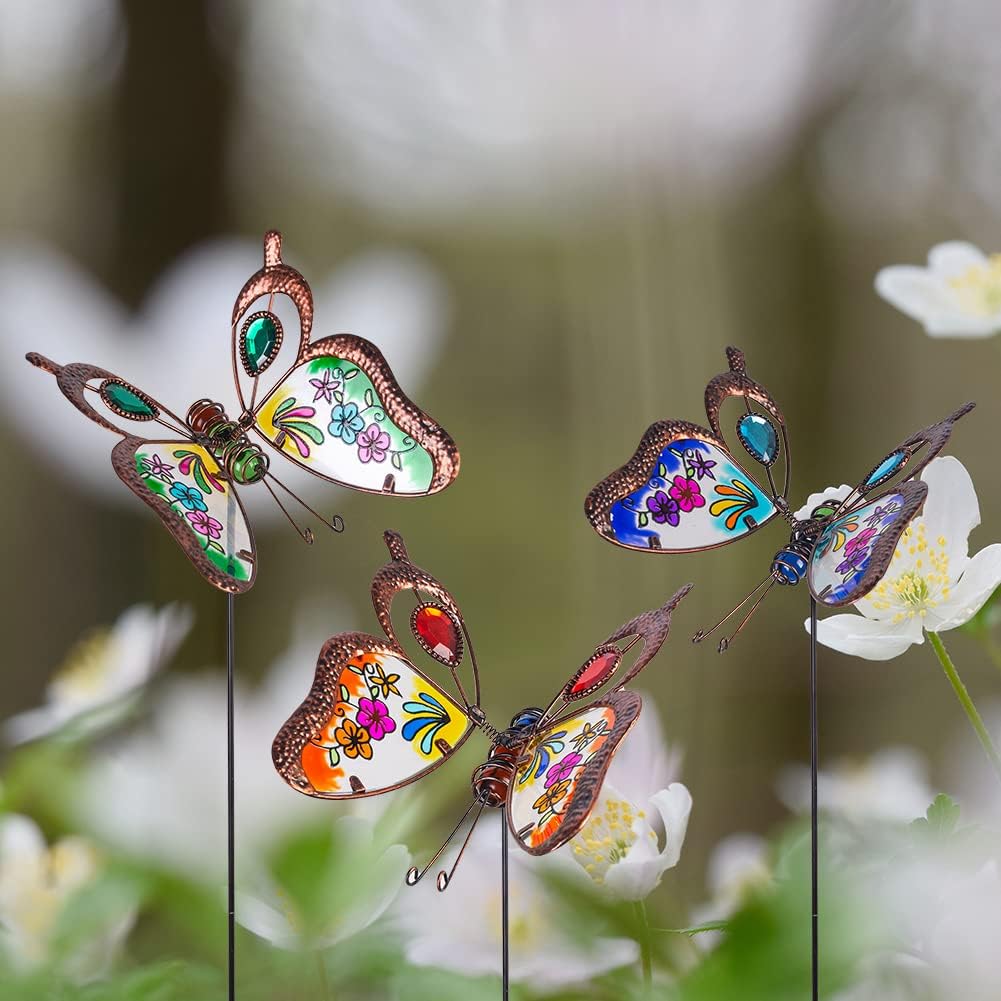 3 Pack Butterfly Decorative Garden Stakes,Outdoor Decorations Metal Yard Art Garden Stakes for Patio Yard Porch Decor
