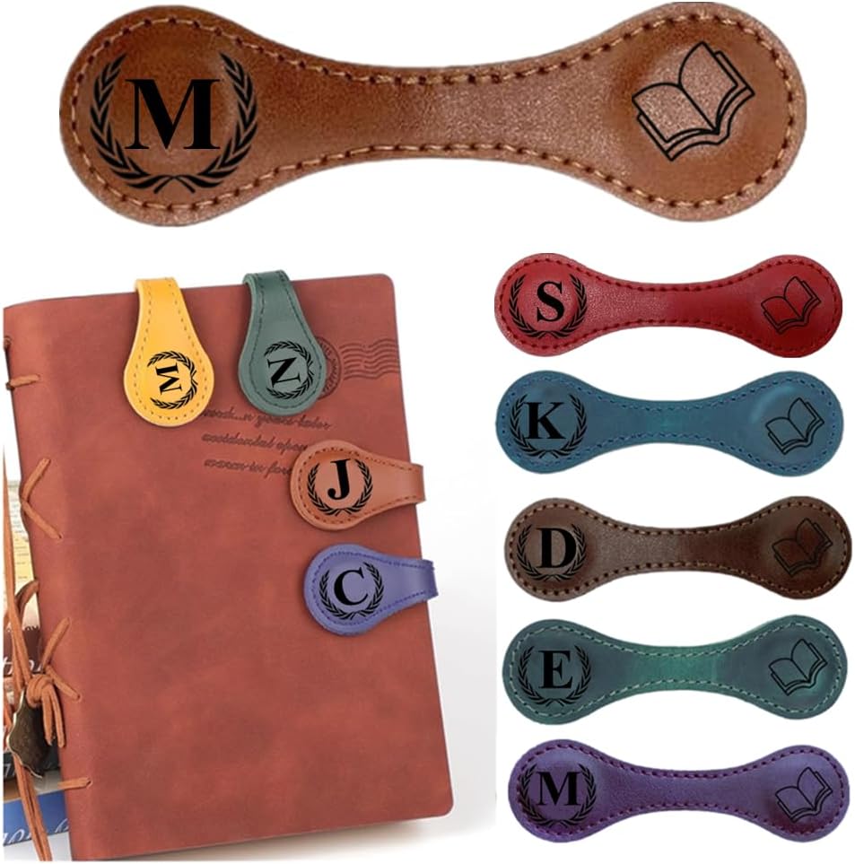 Personlized Magnetic Leather Bookmarks with Initials, Customized Book Marks Clip 26 Letters Bookmark for Reading Women, Men, Kids,Cute Book Markers Meaningful Gift for Book Lovers (Light Brown, M)