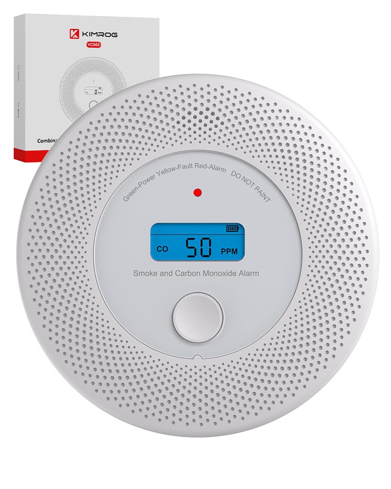 KIMROG 10-Year Sealed Battery 2-in-1 Smoke & Carbon Monoxide Detector Alarm | Home/Garage Combo CO & Smoke Alarm Detector with Backlit LCD Display & V-0 Flame-Retardant Housing (1-Pack)