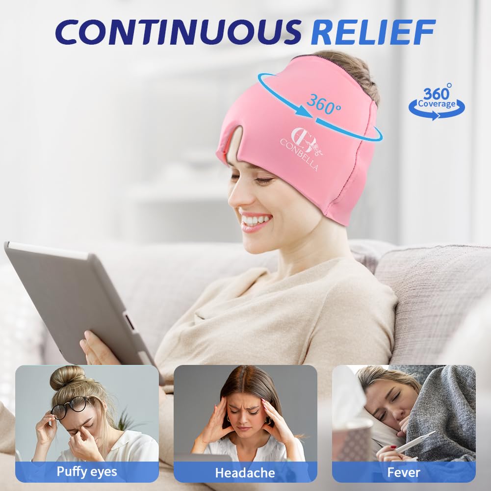 2Pcs Migraine Relief Cap, Soothing Headache Ice Face Mask Products, Hot and Cold Therapy, Migraine Headache Relief Cap for Migraine, Sinus, Puffy Eyes, Tension, Stress and Hangover (Pink+Blue)