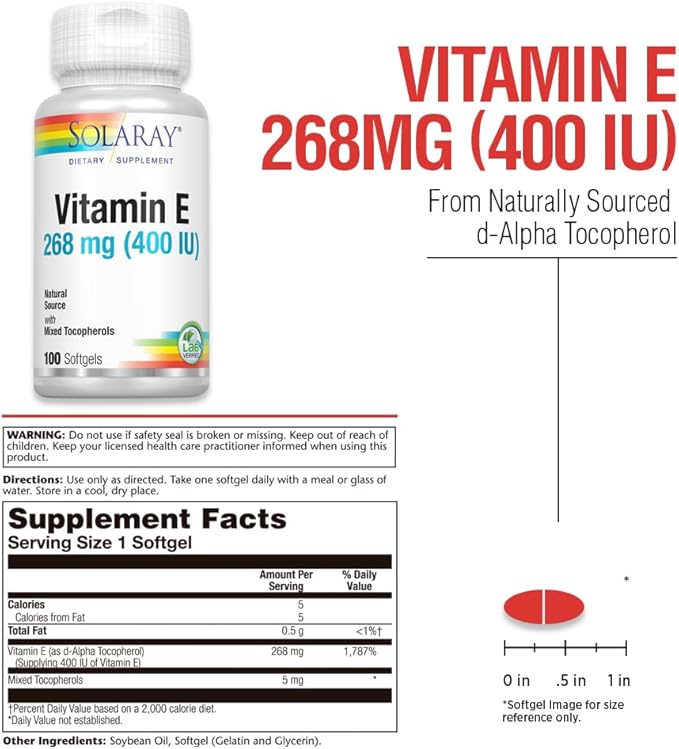 SOLARAY Vitamin E d-Alpha Tocopherol 268mg (400 IU) | Heart & Skin Health, Antioxidant Activity Support | 100ct