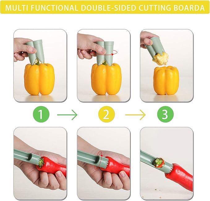 Pepper Corer, 2 in 1 Red Bell Pepper Seed Corer Remover Tool, Fruit & Vegetable Corers Quick Cave Tools for Jalapeno Cutter Deseeder, Yellow Green, 3 PCS